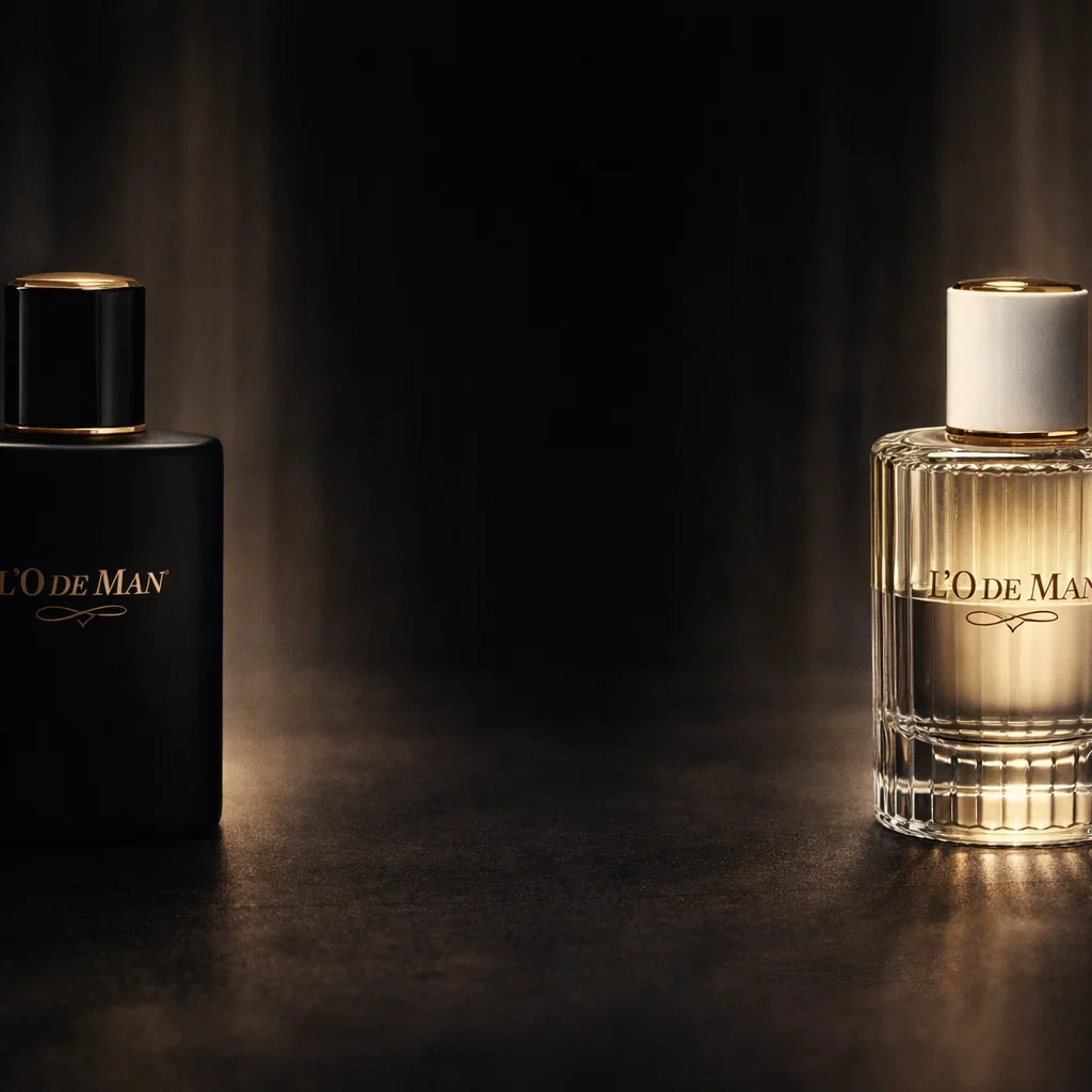 Dark luxury architectural background with L'O DE MAN fragrance bottles